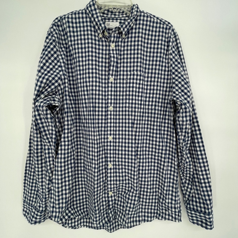 GAP Men's Slim Fit Navy White Gingham‎ Long Sleeve Button Down Shirt XL